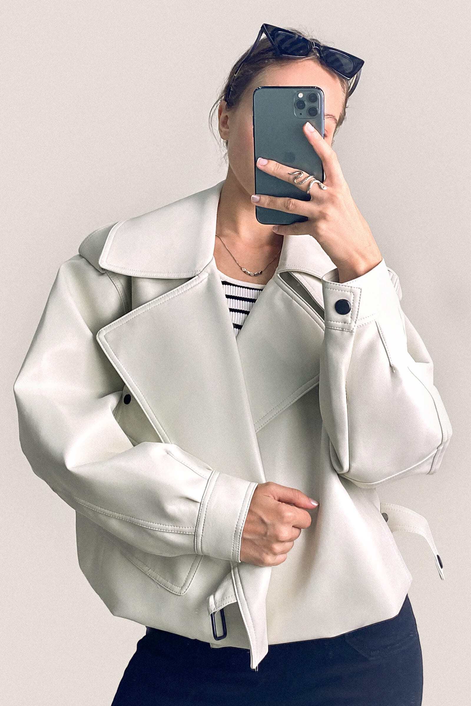 Beige Vegan Leather Pocket Detail Biker Jacket