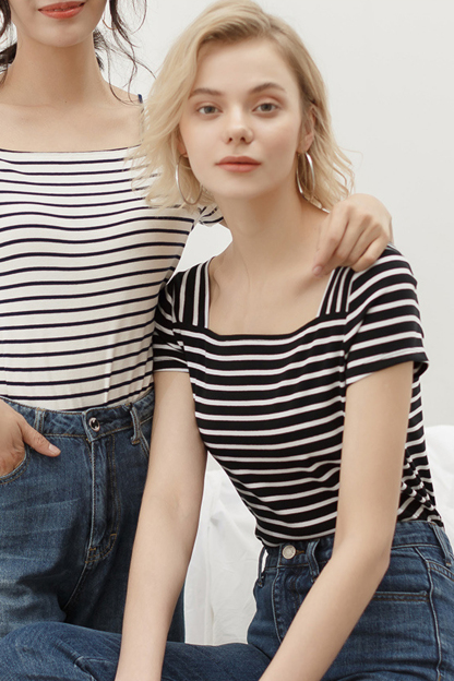 White Striped Square Neck T-Shirt