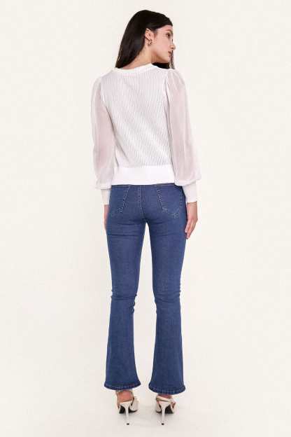 White Sheer Long Sleeve Pointelle-Knit Cardigan With Gold Buttons