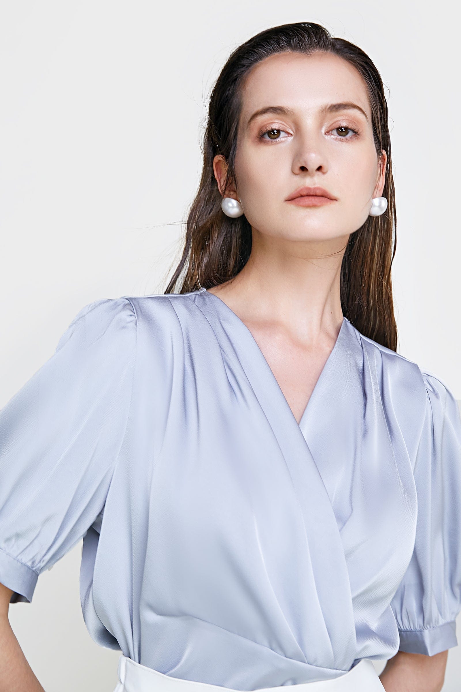 Light Steel Blue Surplice Neck Ruched Blouse