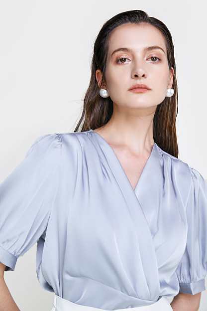 Light Steel Blue Surplice Neck Ruched Blouse