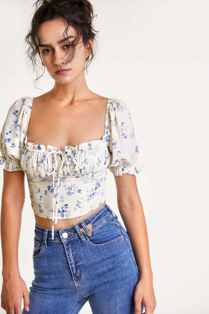 Ivory Floral Print Square Neck Cropped Blouse