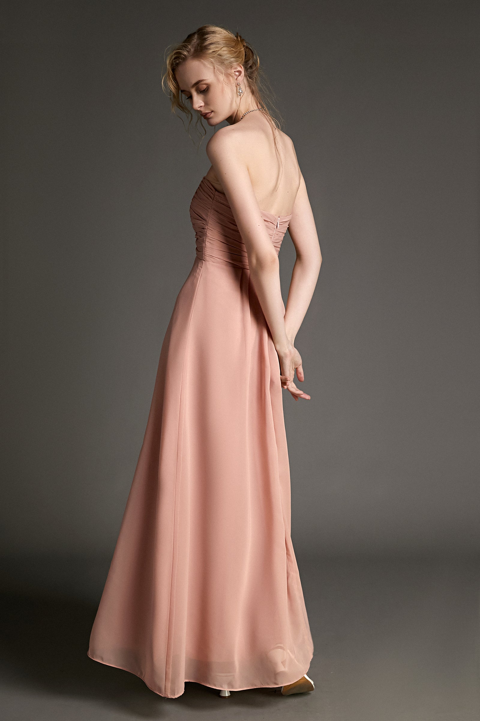 Pink Strapless Pleated Sweetheart Neck Maxi Dress