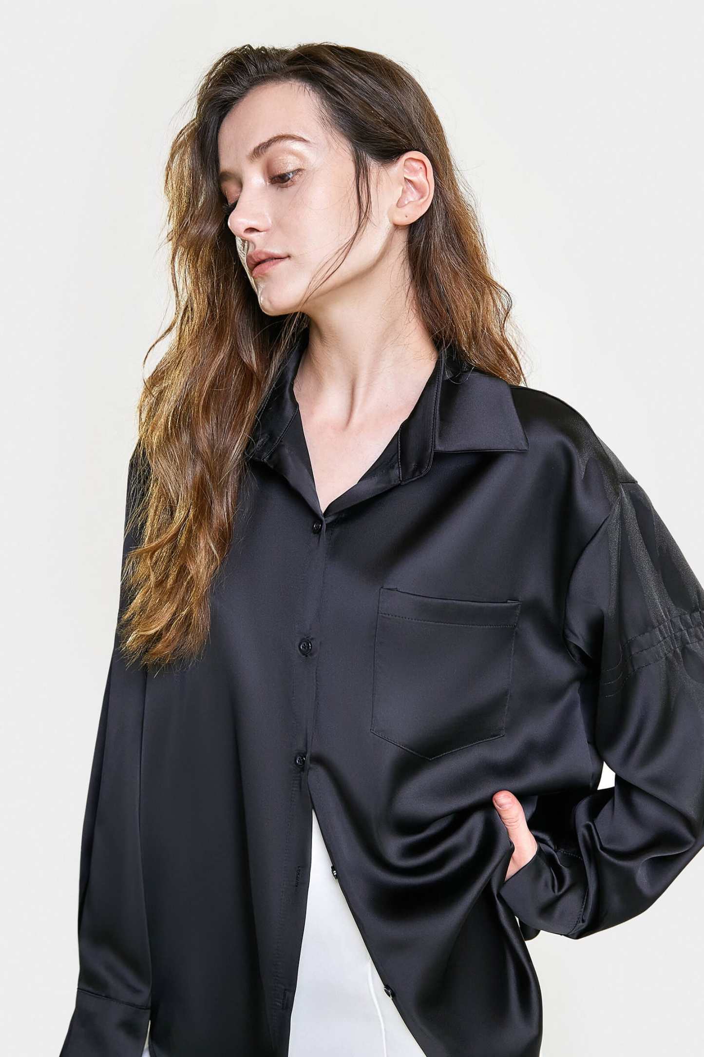 Black Satin Button Front Chest Pocket Shirt