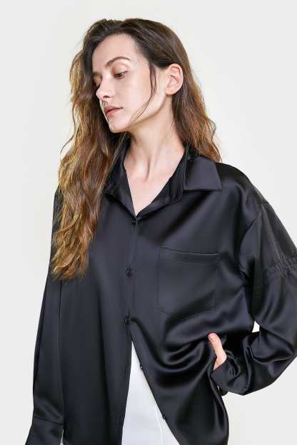 Black Satin Button Front Chest Pocket Shirt