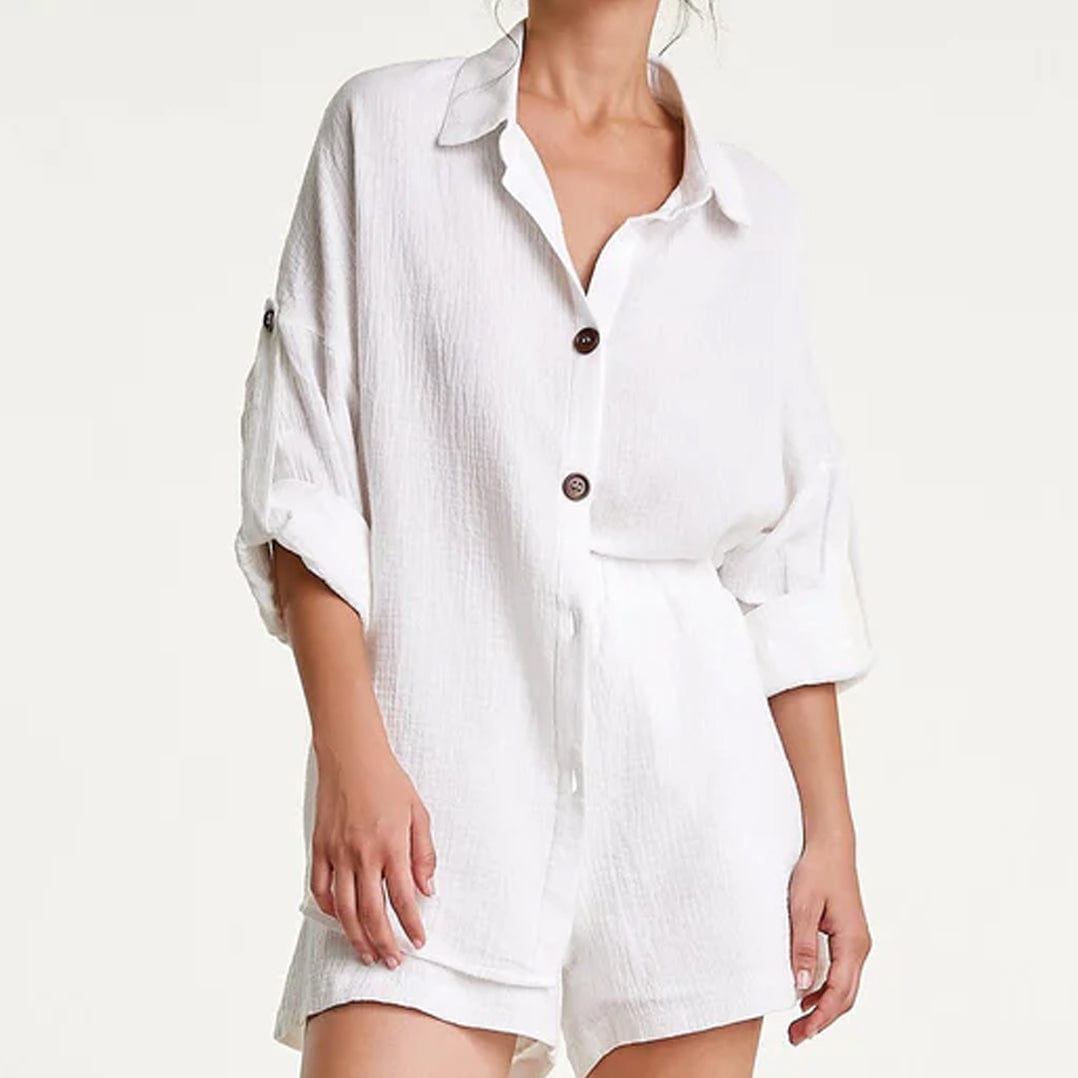 White Cotton Button-Up Shirt & Shorts Two-Piece Set