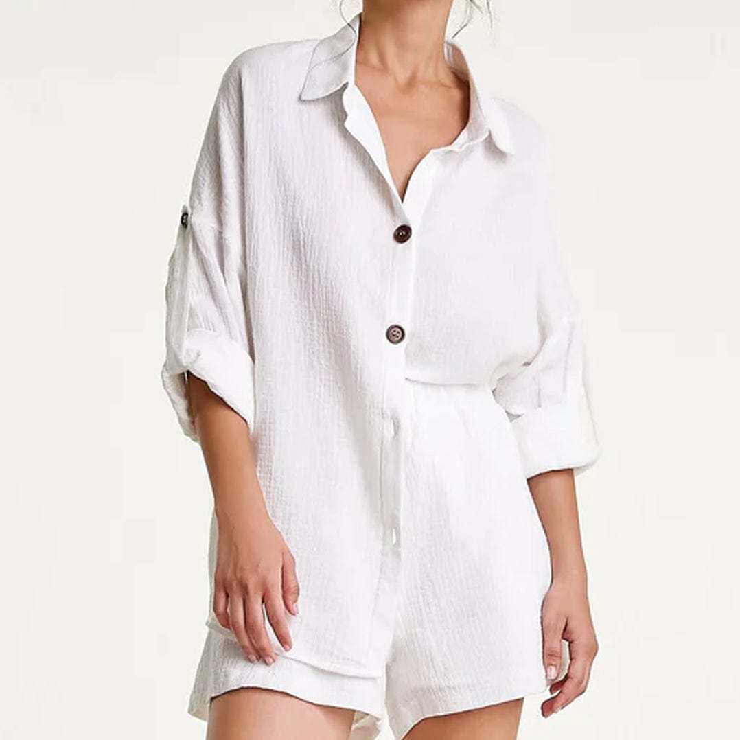 White Cotton Button-Up Shirt & Shorts Two-Piece Set