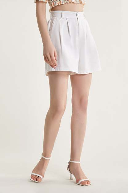 White Pleat Detail Wide Leg A-Line Shorts