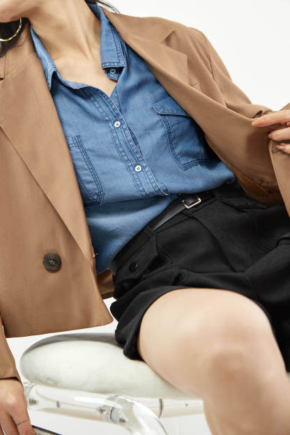 Saddle Brown Double-Breasted Cropped Blazer
