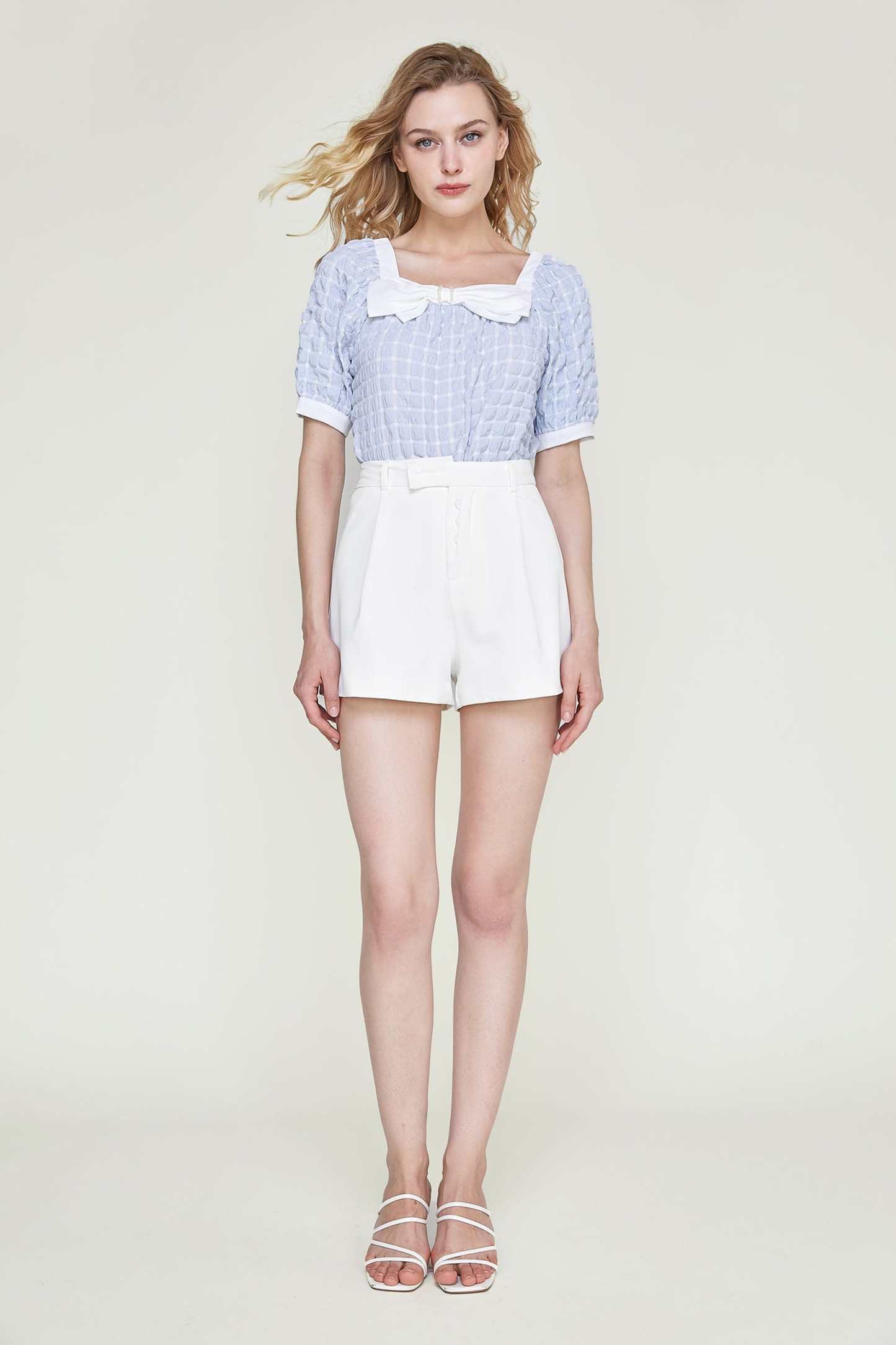 Light Sky Blue Square Neck Bow-Embellished Textured Blouse