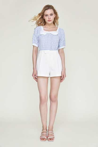 Light Sky Blue Square Neck Bow-Embellished Textured Blouse