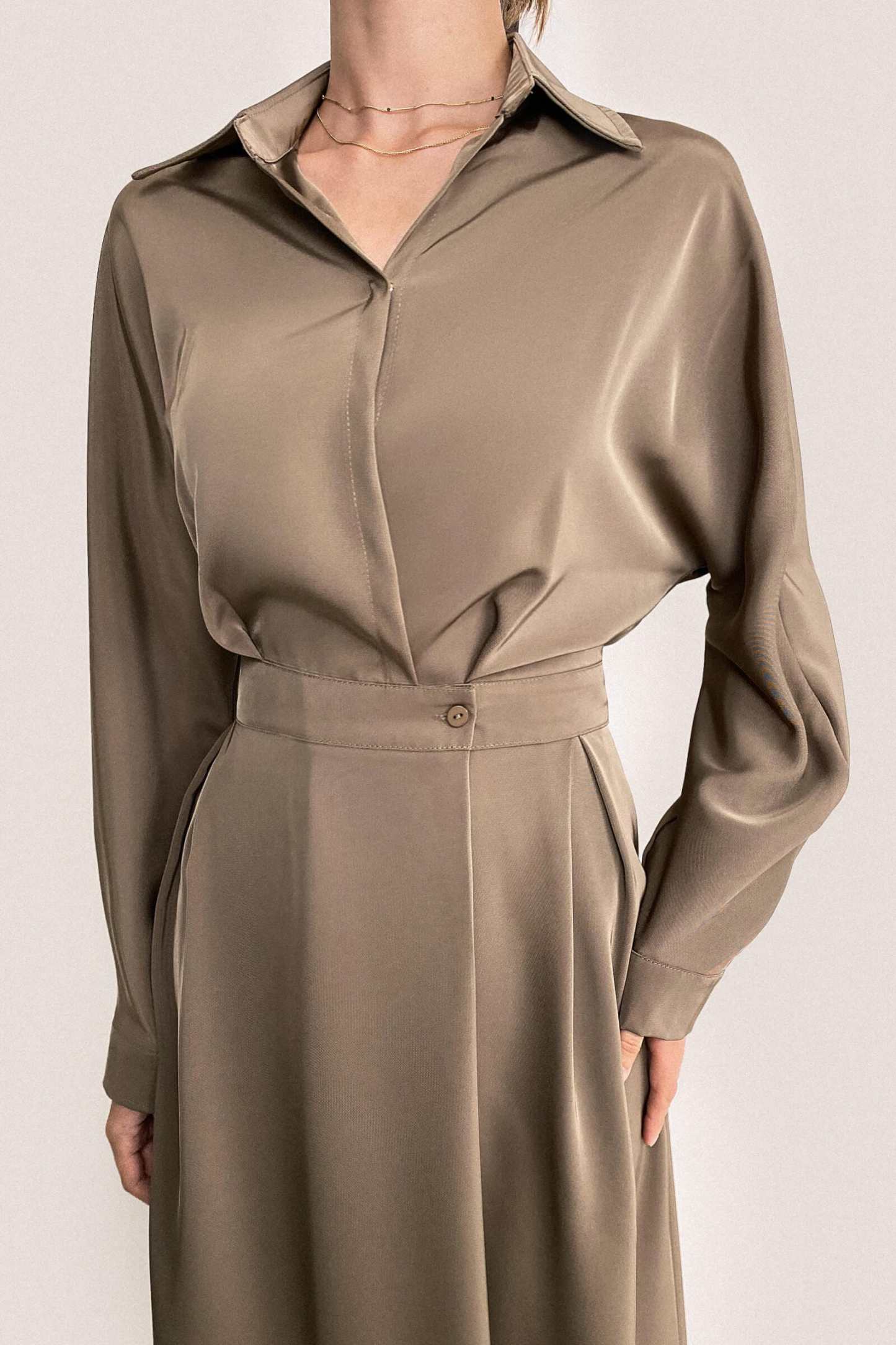 Brown Surplice Pleat Detail A-Line Maxi Shirt Dress