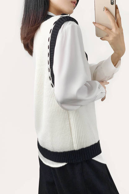 Ivory Color Block Contrast Stitch Ribbed Knit Sweater Vest