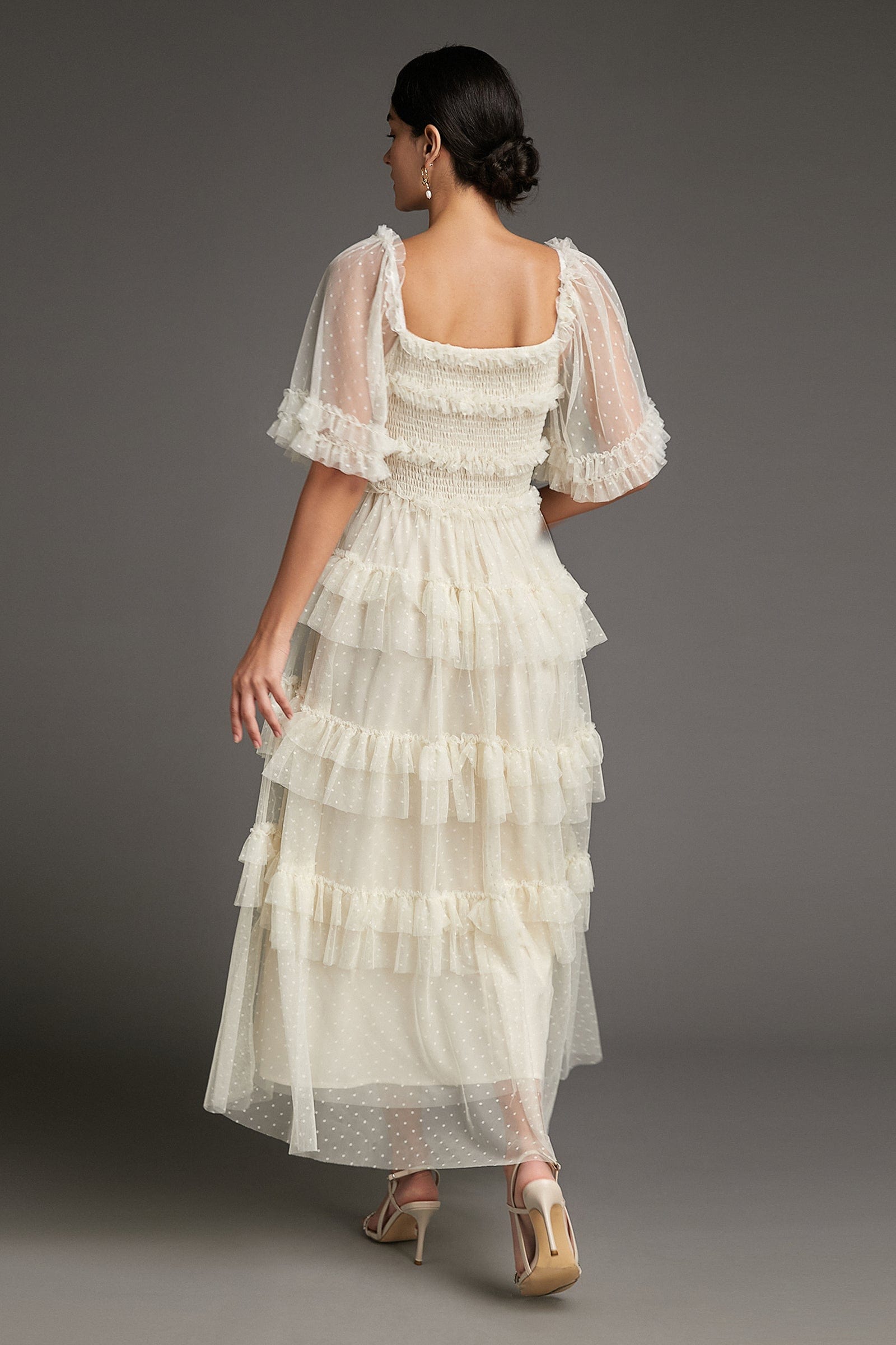 Beige Swiss Dot Mesh Ruffle Tiered Midi Dress