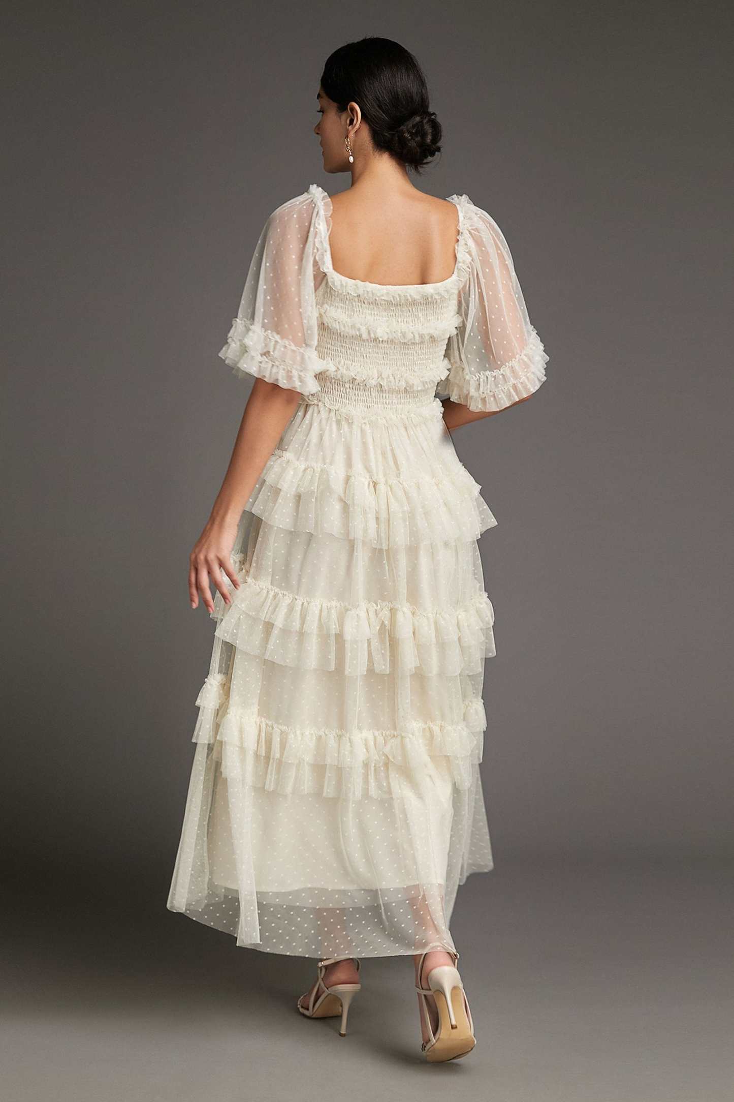 Beige Swiss Dot Mesh Ruffle Tiered Midi Dress