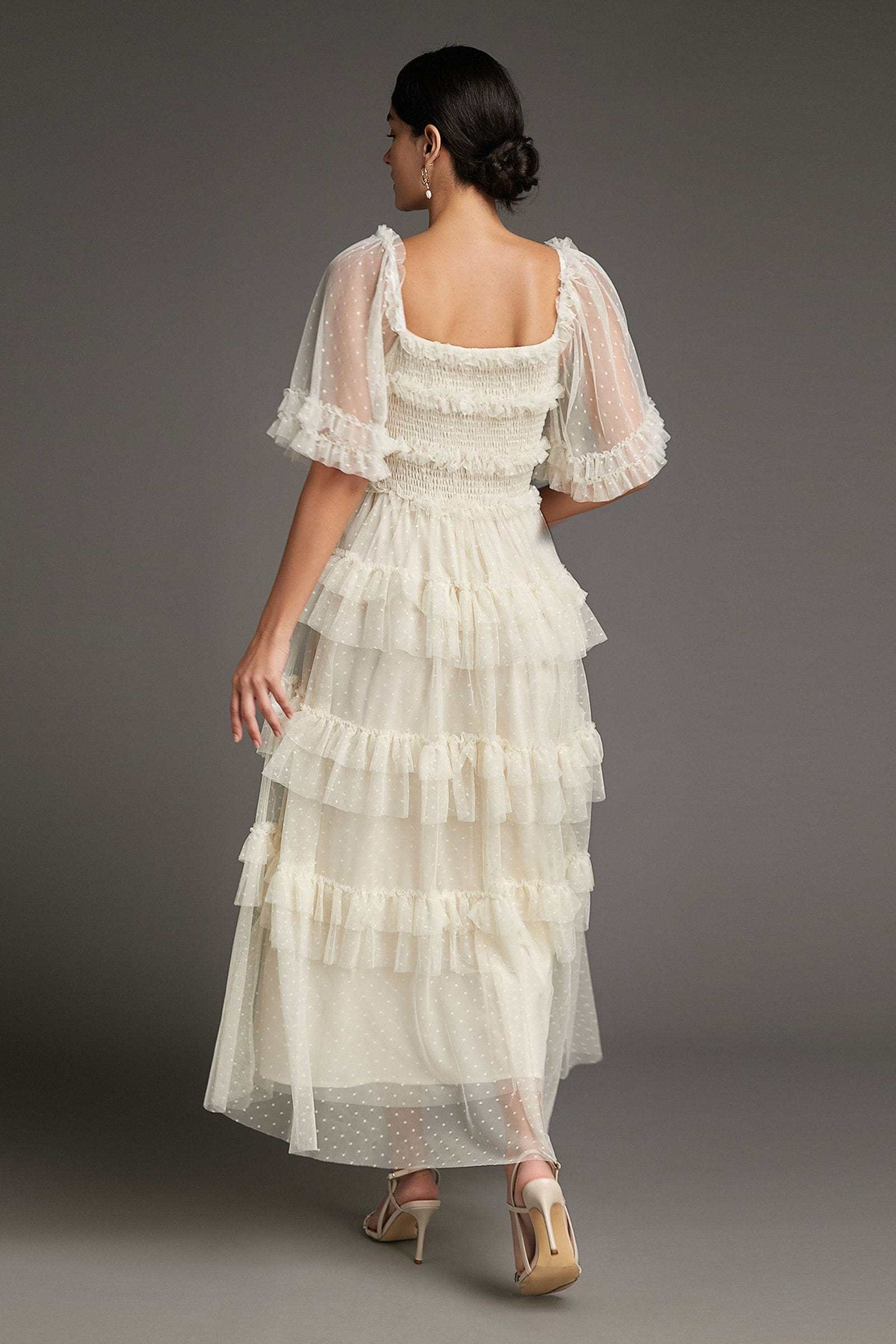 Beige Swiss Dot Mesh Ruffle Tiered Midi Dress