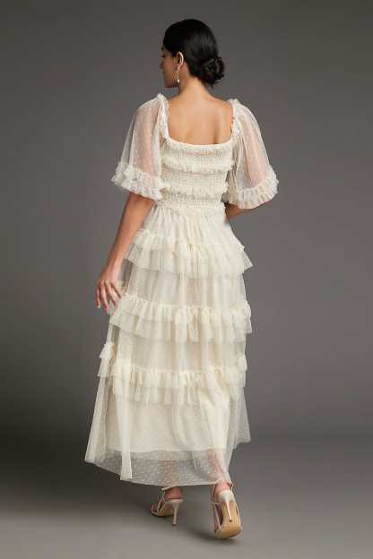 Beige Swiss Dot Mesh Ruffle Tiered Midi Dress