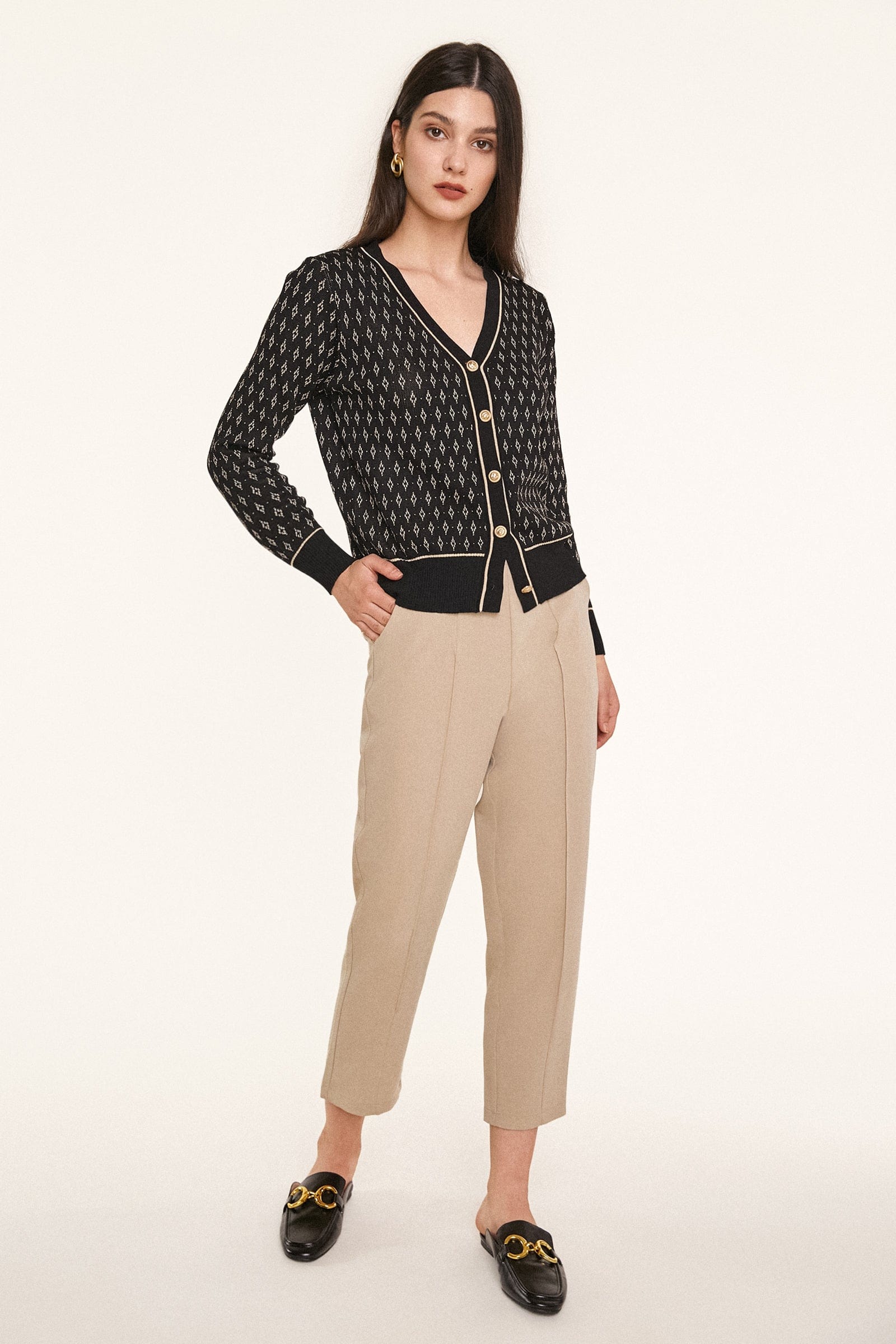Black Jacquard-Knit V-Neck Button-Up Cardigan