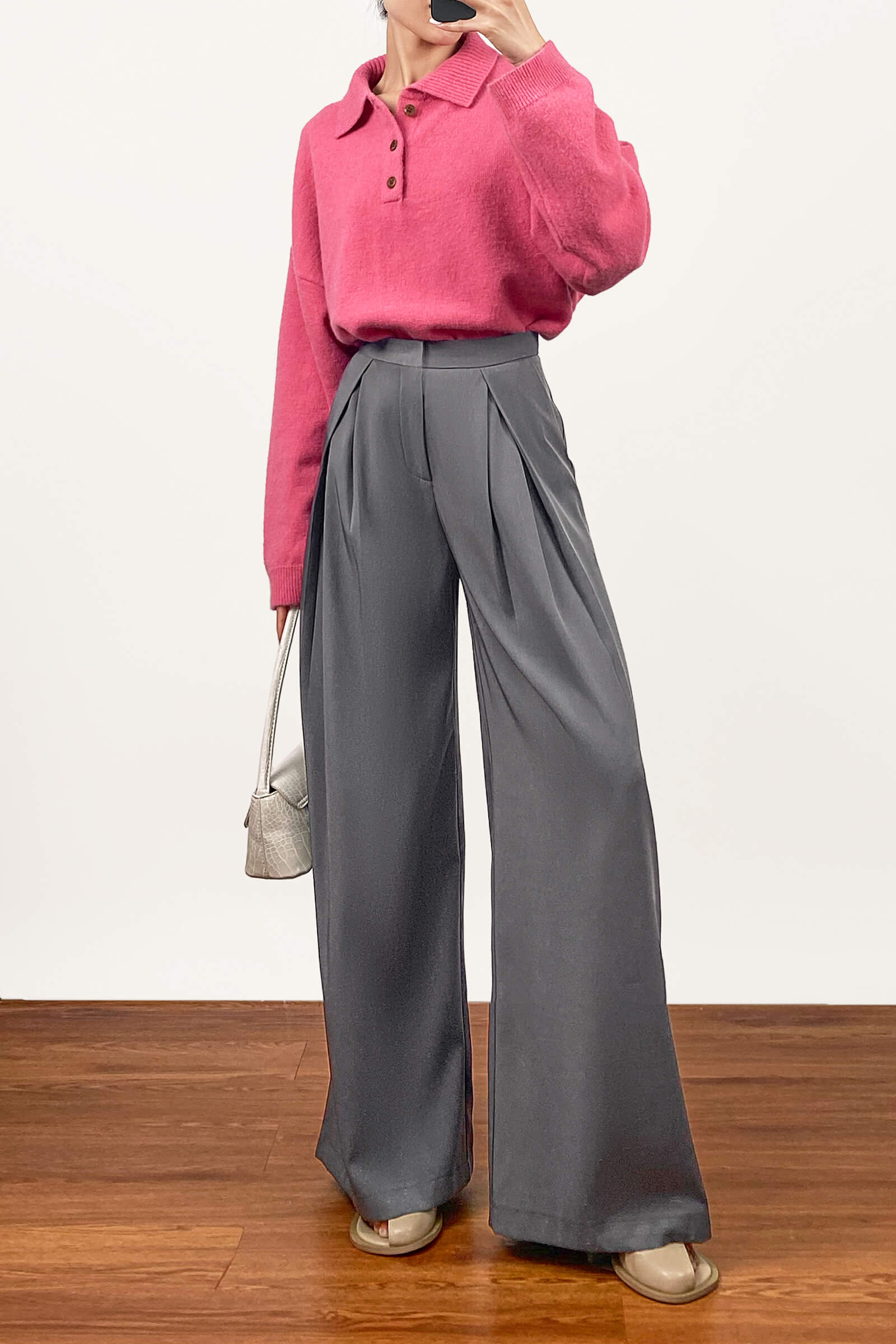 Dark Grey Pleated Wide Leg Work Pants-J.ING
