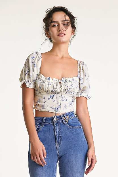 Ivory Floral Print Square Neck Cropped Blouse