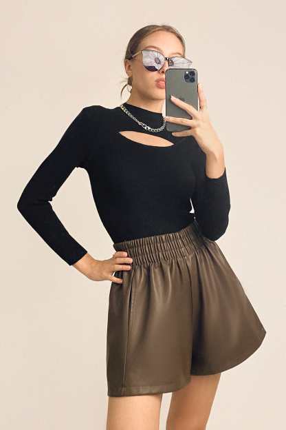 Black Mock Neck Front Cut Out Ribbed Knit Sweater