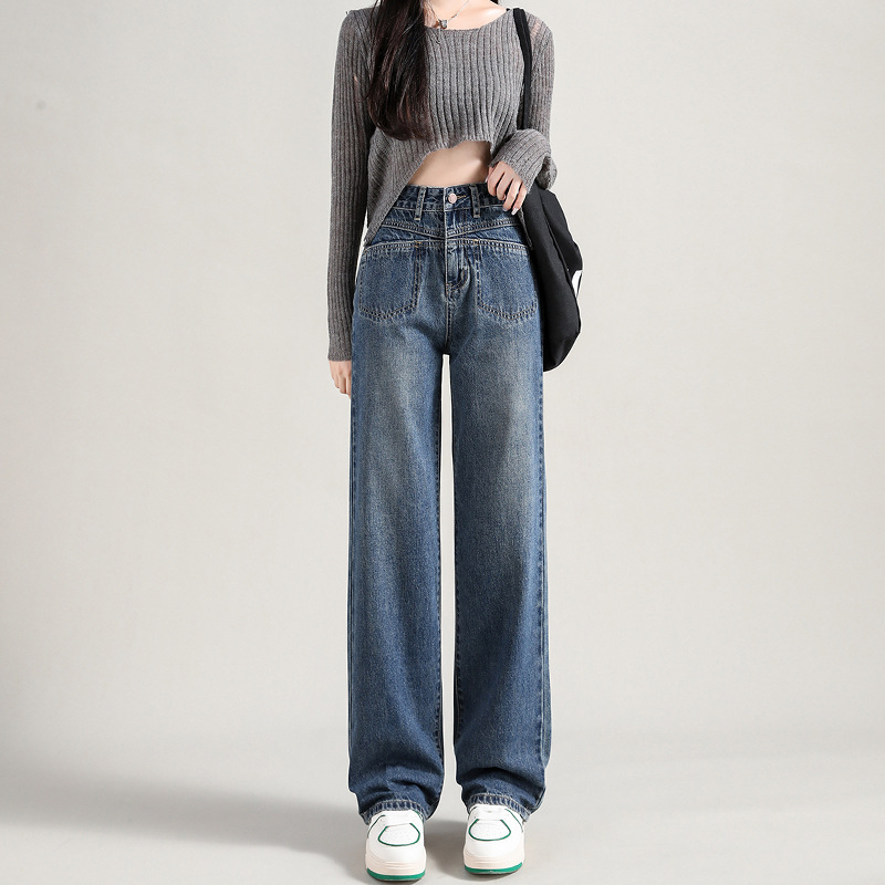 Blue High-Rise Straight-Leg Panel Pocket Jeans
