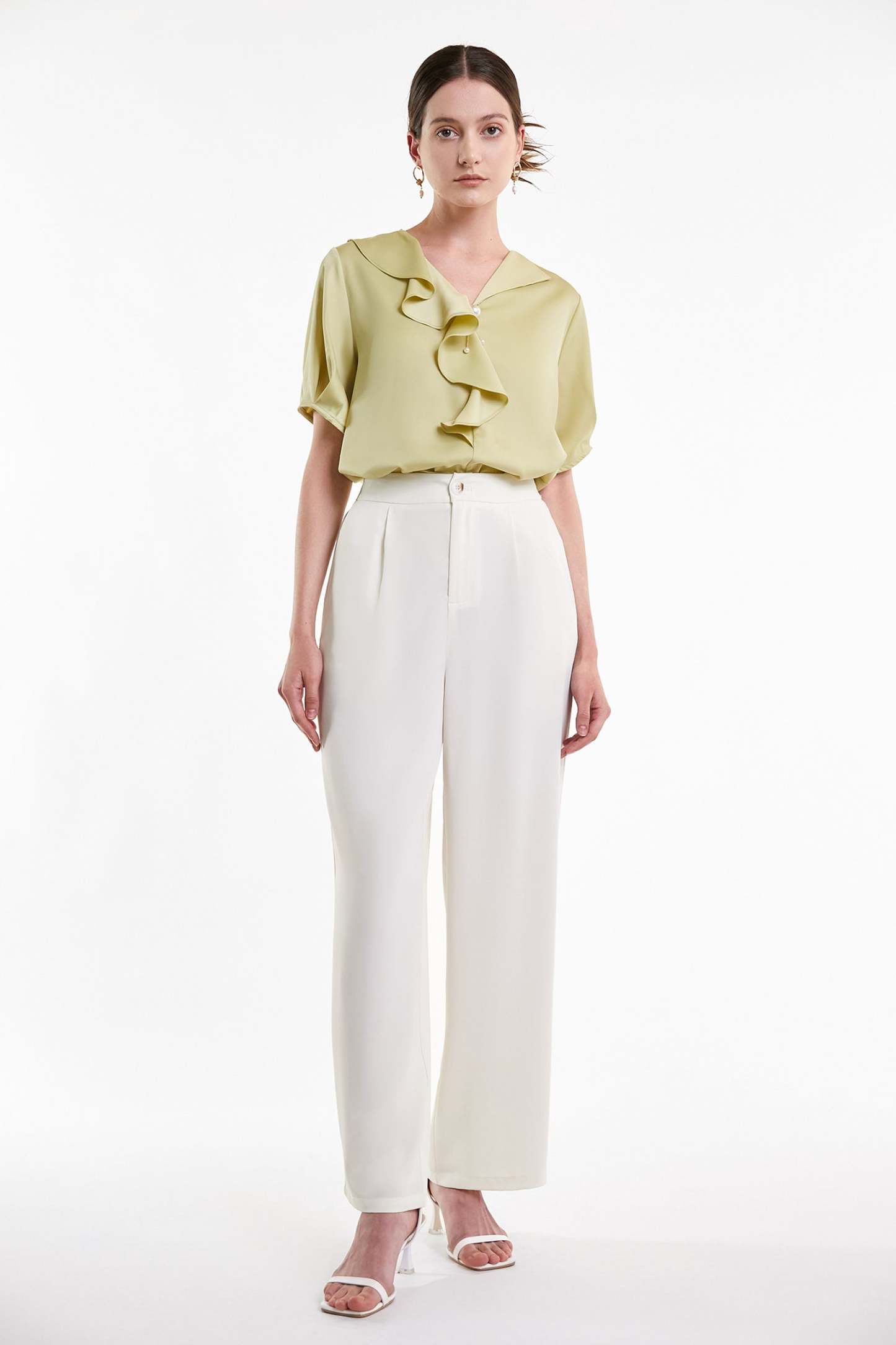 Yellow Green Flounce-Trimmed Short Sleeve Blouse