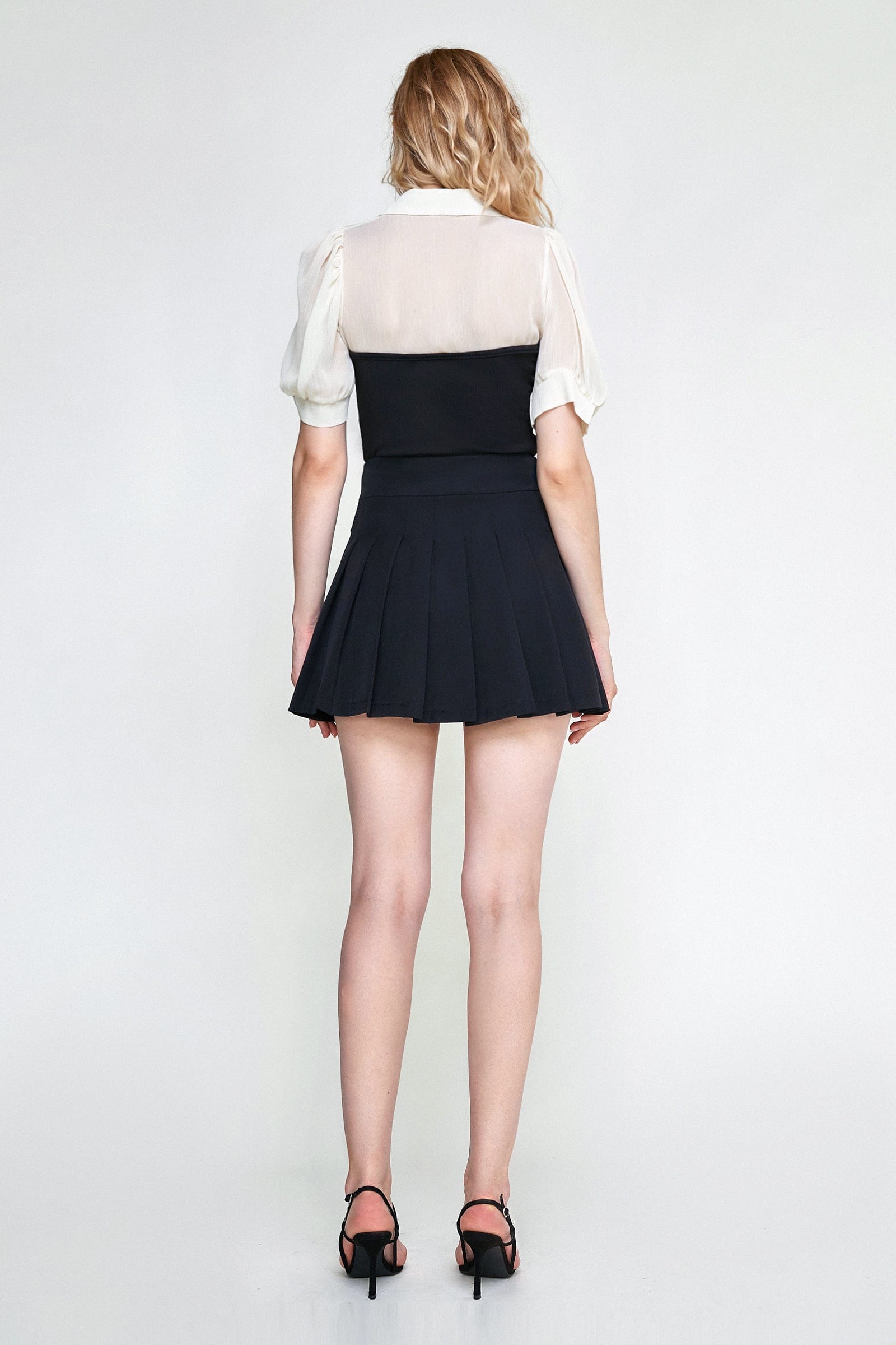 Black Contrast Mesh Puff Sleeve Polo Collar Blouse
