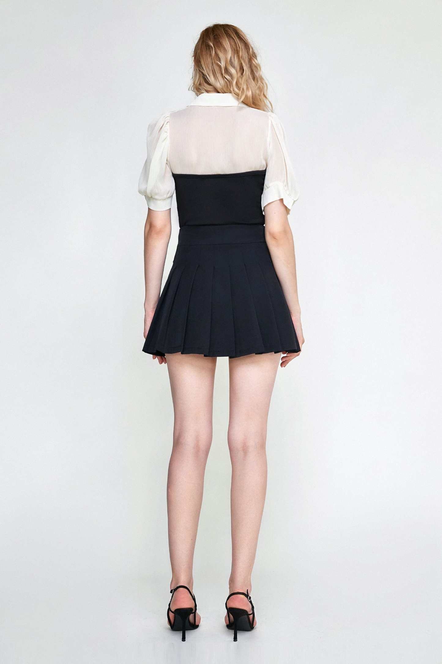 Black Contrast Mesh Puff Sleeve Polo Collar Blouse