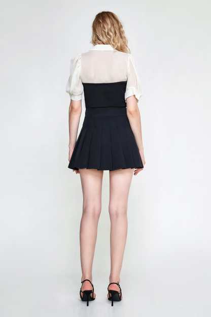 Black Contrast Mesh Puff Sleeve Polo Collar Blouse