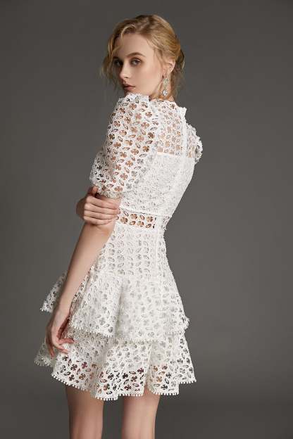 White Crochet Lace Pom Pom Tiered Mini Dress