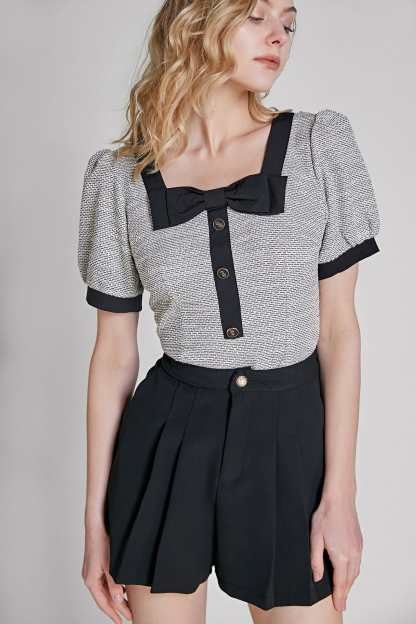 Grey Square Neck Puff Sleeve Blouse