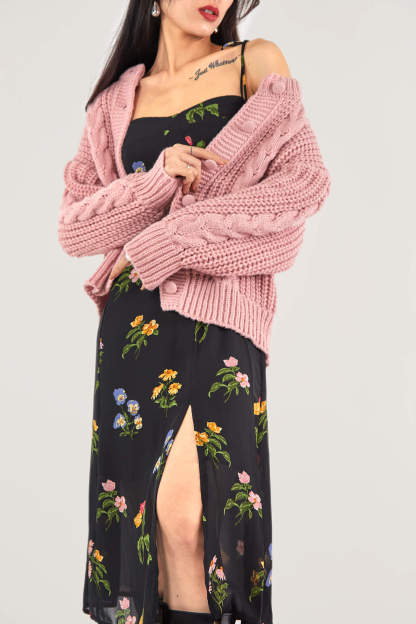 Dark Salmon Cable-Knit Button-Up Cardigan