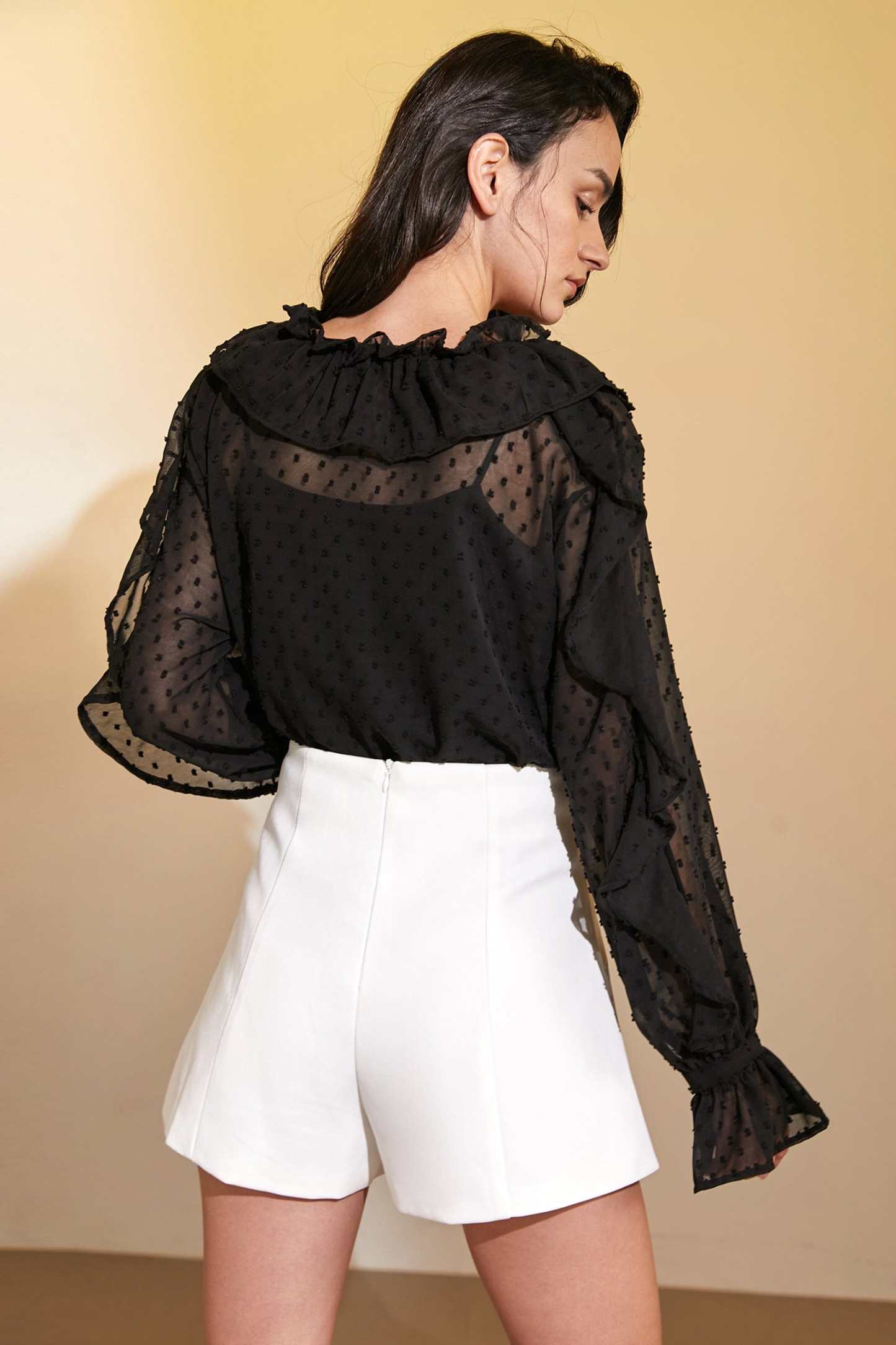 Black Swiss Dot Ruffle Blouse