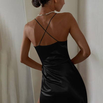 Black Slip Backless Split Dress