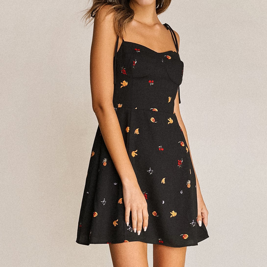 Black Fruit Print Tie Strap Sweetheart Neck Mini Dress