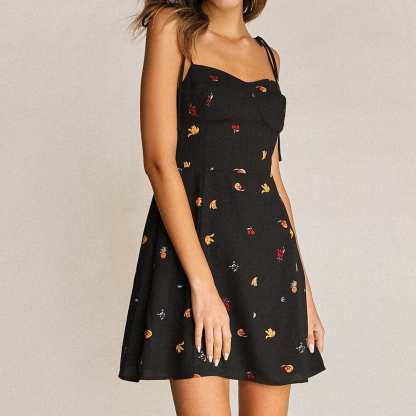 Black Fruit Print Tie Strap Sweetheart Neck Mini Dress