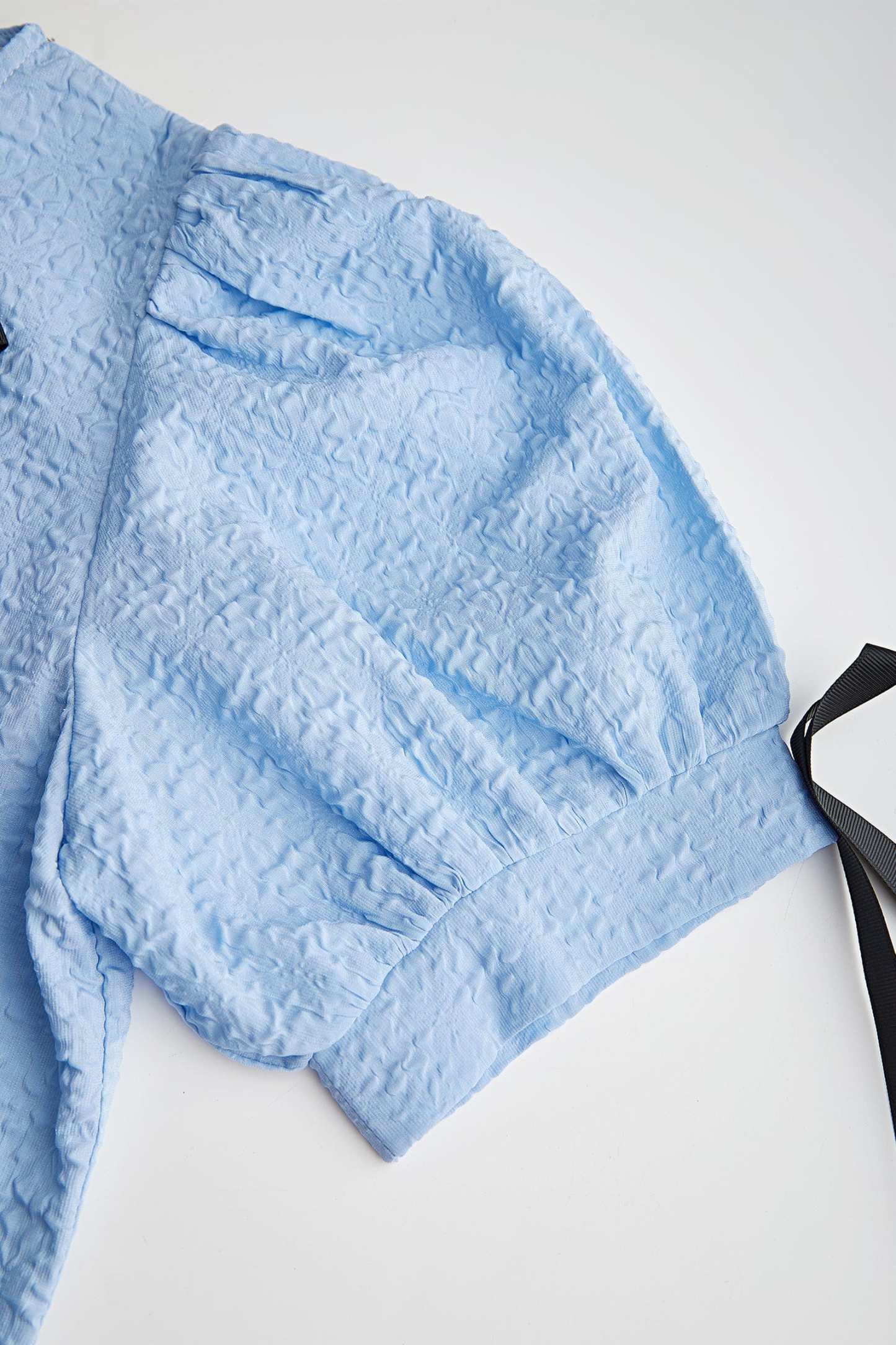 Cornflower Blue Textured Bowknot Decor Puff Sleeve Blouse