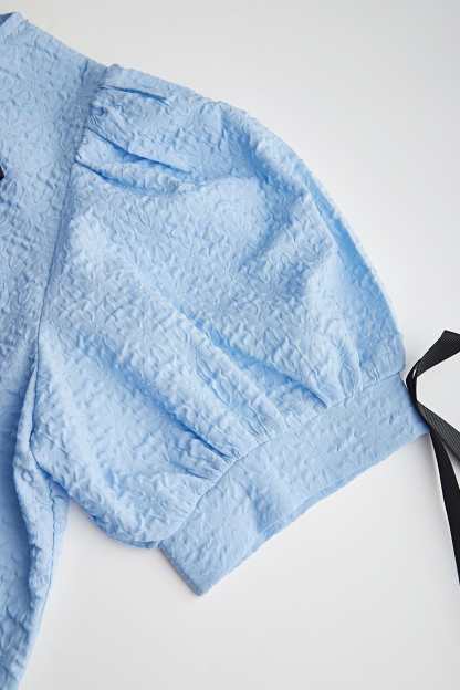 Cornflower Blue Textured Bowknot Decor Puff Sleeve Blouse