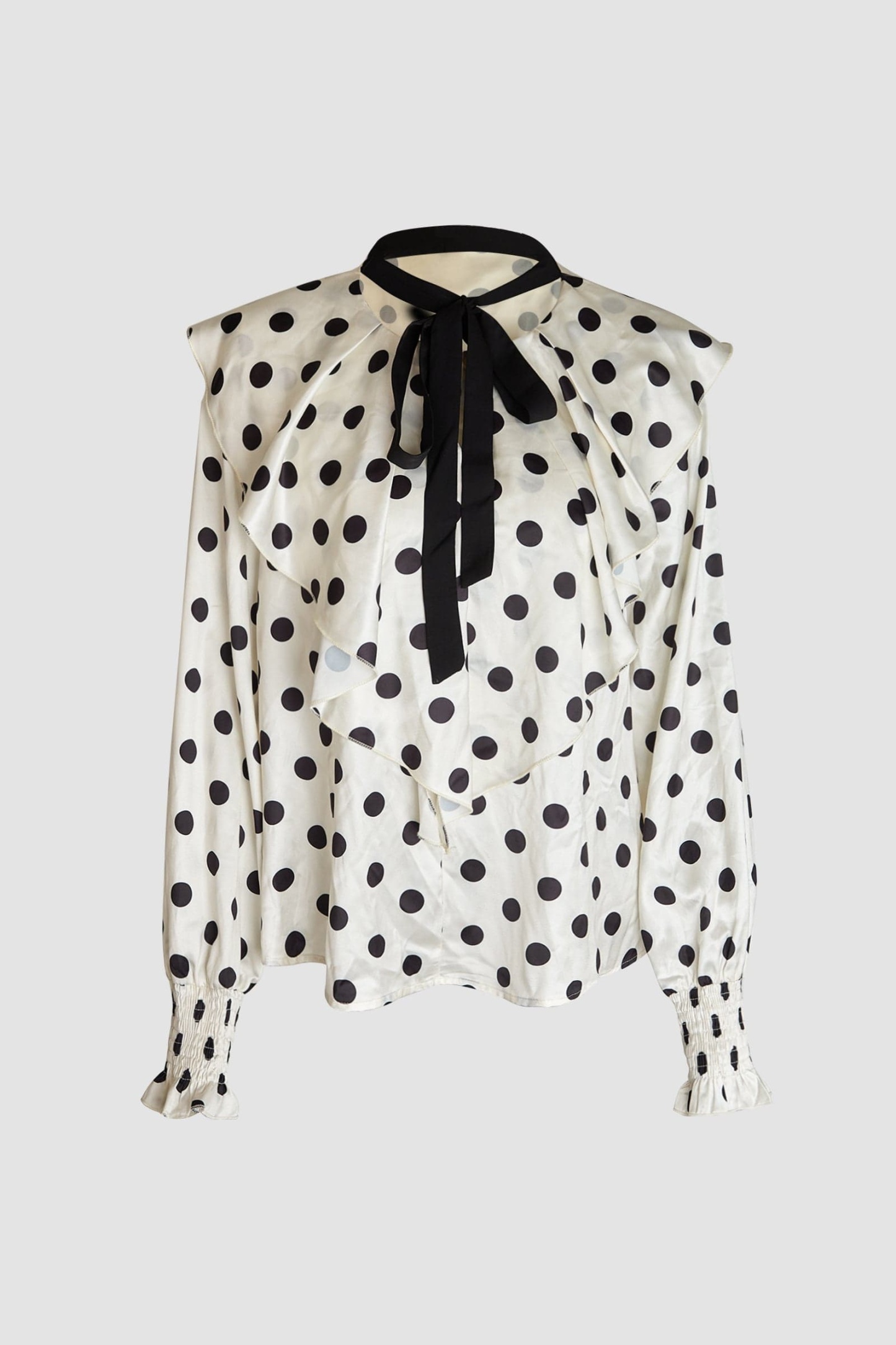 Ivory Polka Dot Flounce-Trimmed Tie Neck Chiffon Blouse
