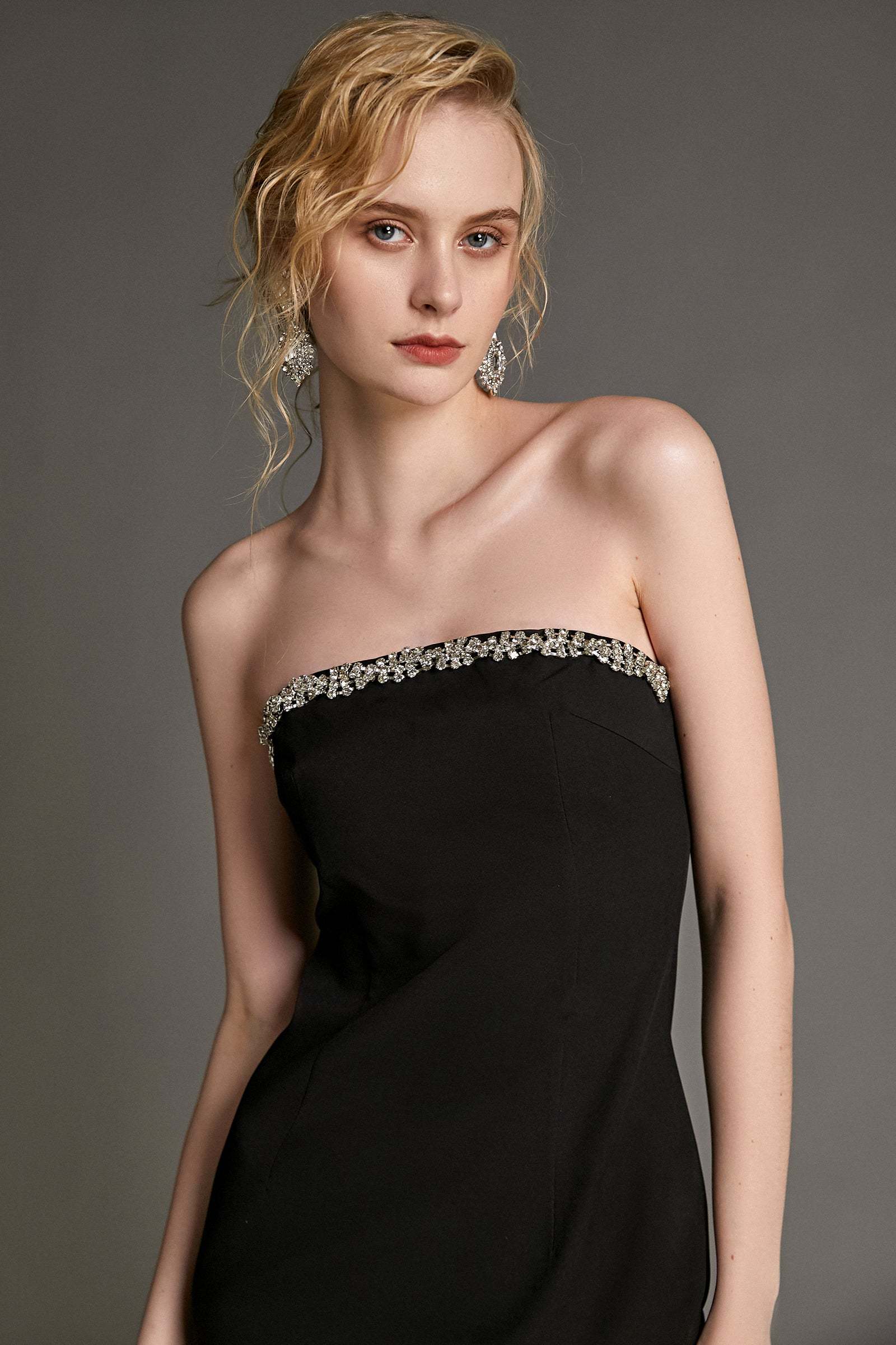Black Rhinestone Trim Strapless Midi Dress