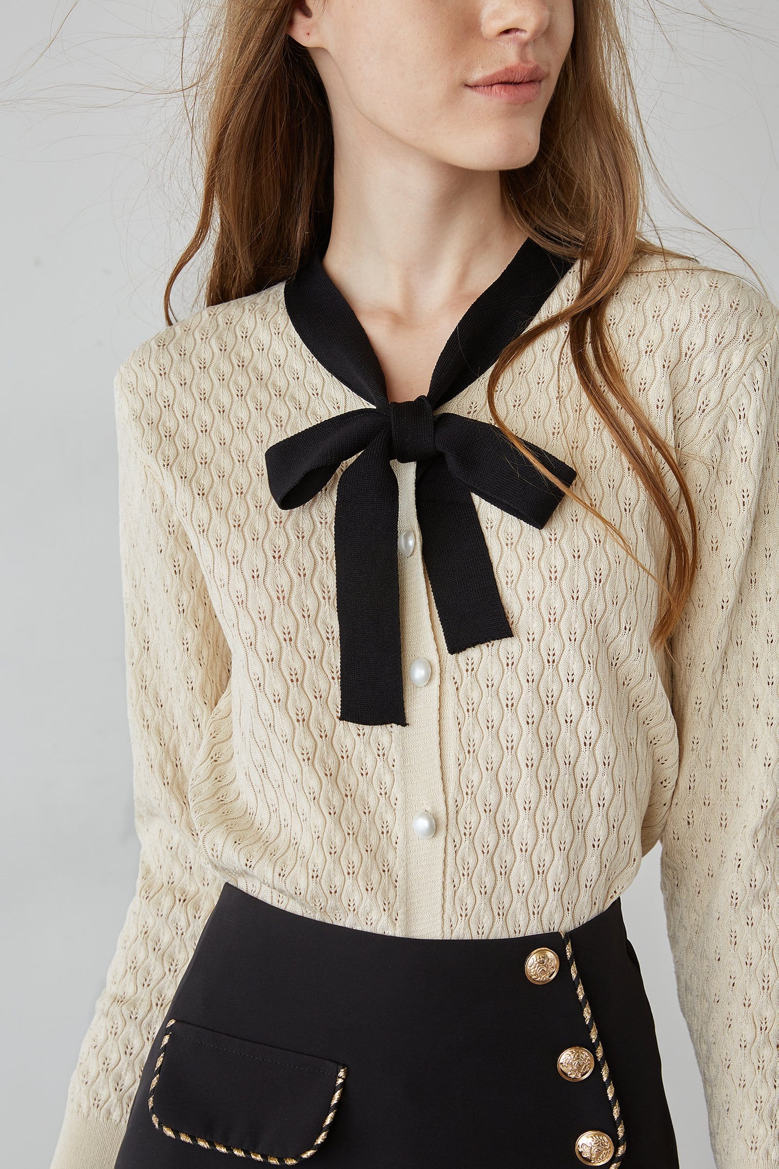 Ashtyn Beige Contrast Bow Tie Cardigan