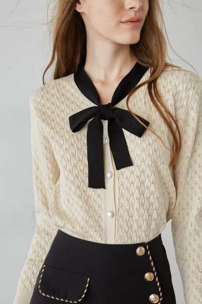 Ashtyn Beige Contrast Bow Tie Cardigan