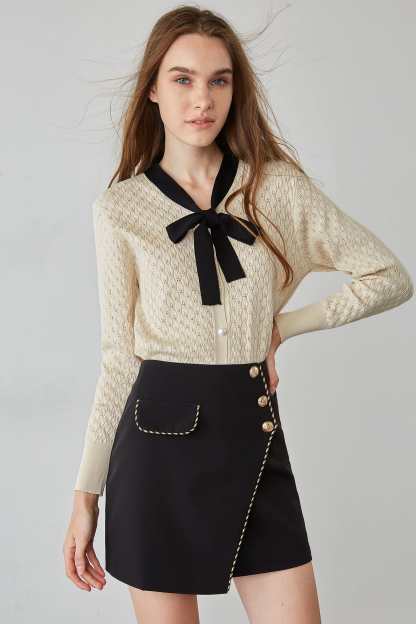 Ashtyn Beige Contrast Bow Tie Cardigan