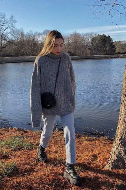 Chunky Grey Cable Knit Turtleneck