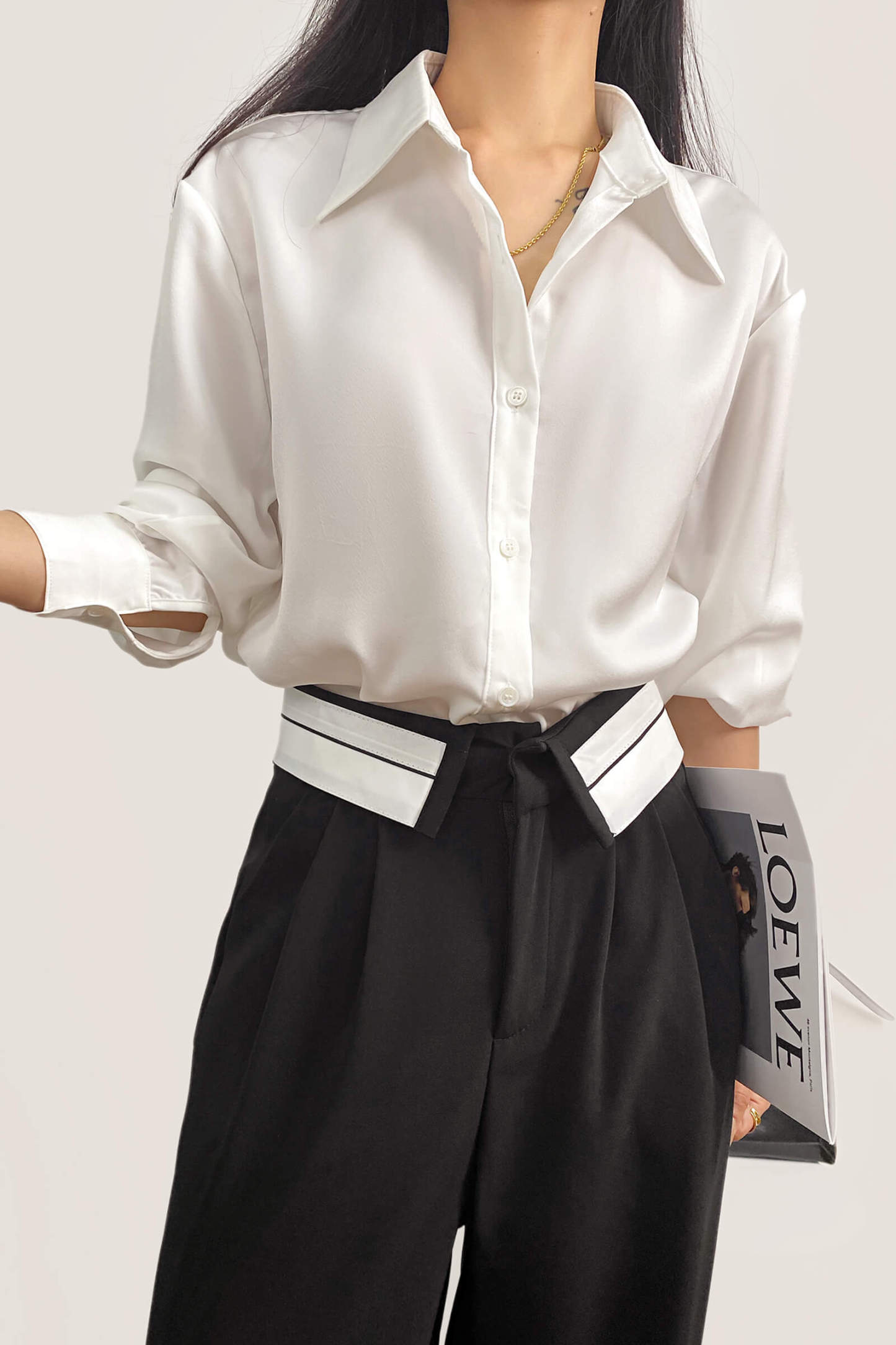 Black Contrast Foldover Waist Wide Leg Pants