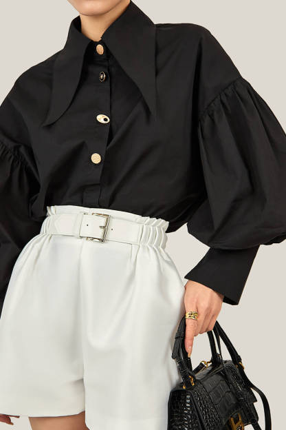 Black Pointed Collar Button Detail Lantern Sleeve Shirt