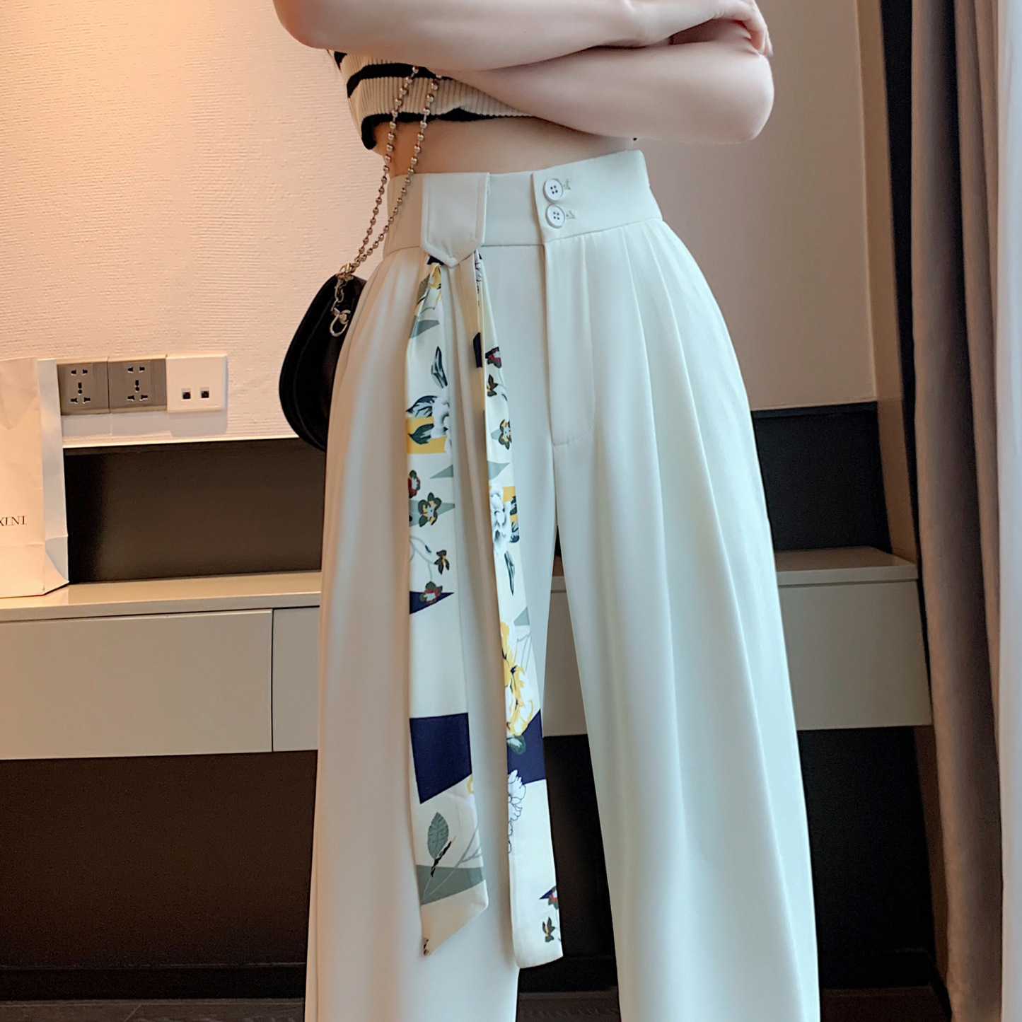 White High-Waisted Straight Trousers Slacks-J.ING White High-Waisted Straight Trousers Slacks-J.ING