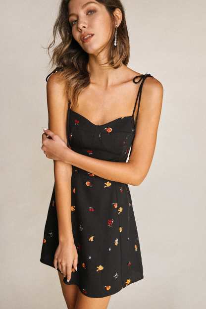Black Fruit Print Tie Strap Sweetheart Neck Mini Dress