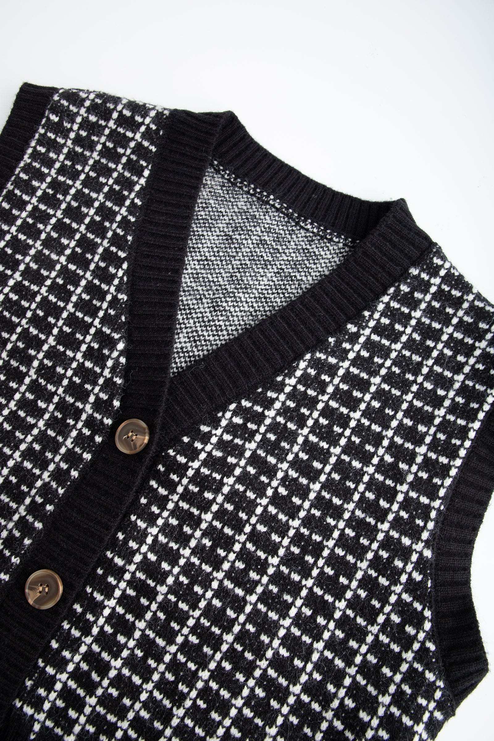 Black Knit Plaid V-Neck Sweater Vest